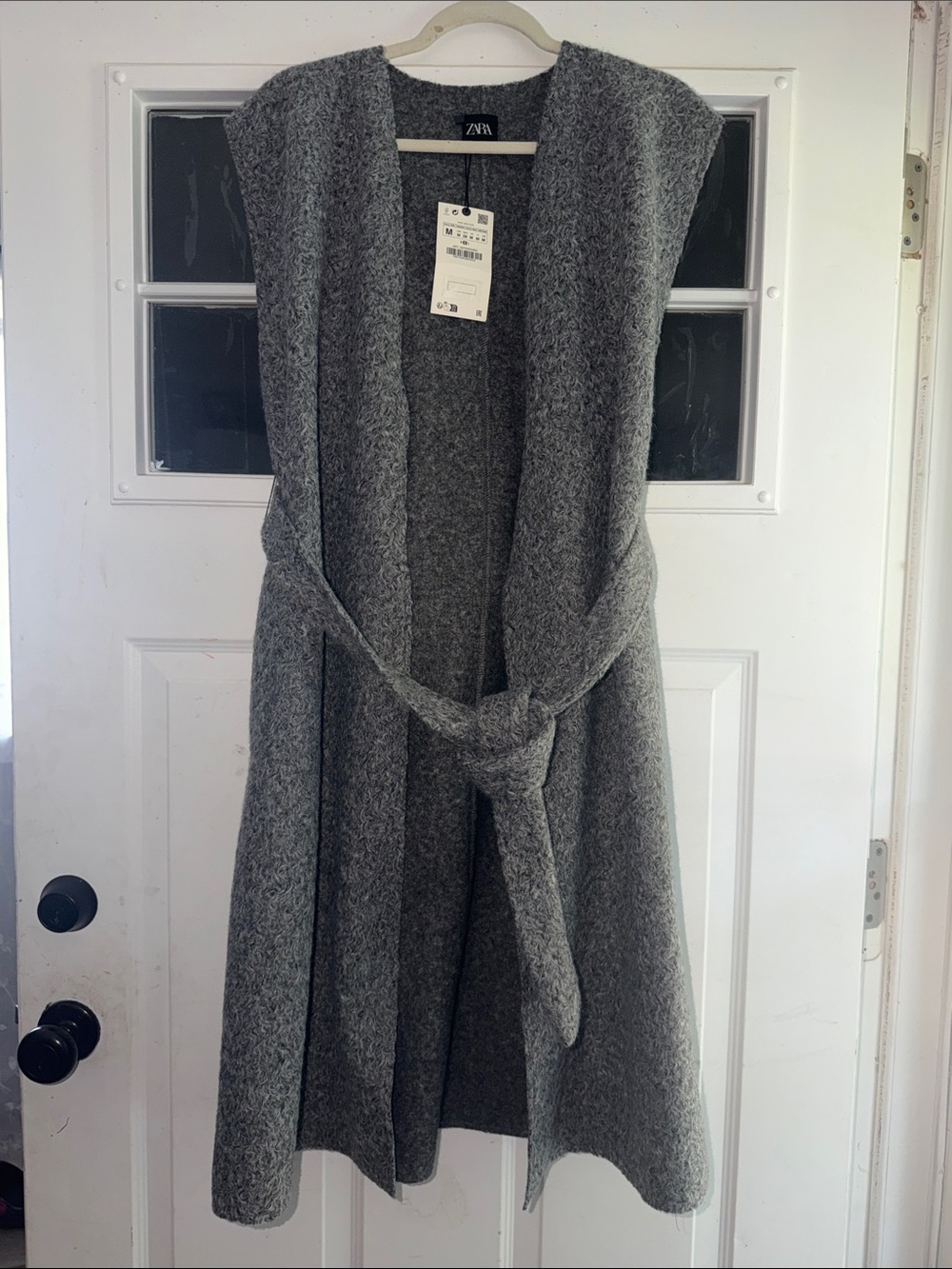 Zara Gray Sleeveless Long Knit Vest with Self-Tie Belt